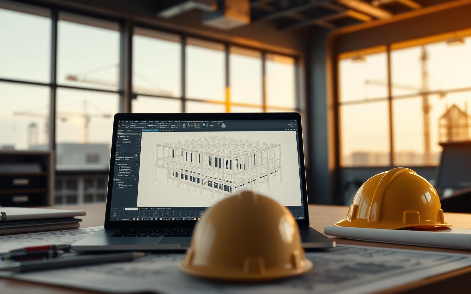 BIM model of a modern building on a laptop in an architect's workspace